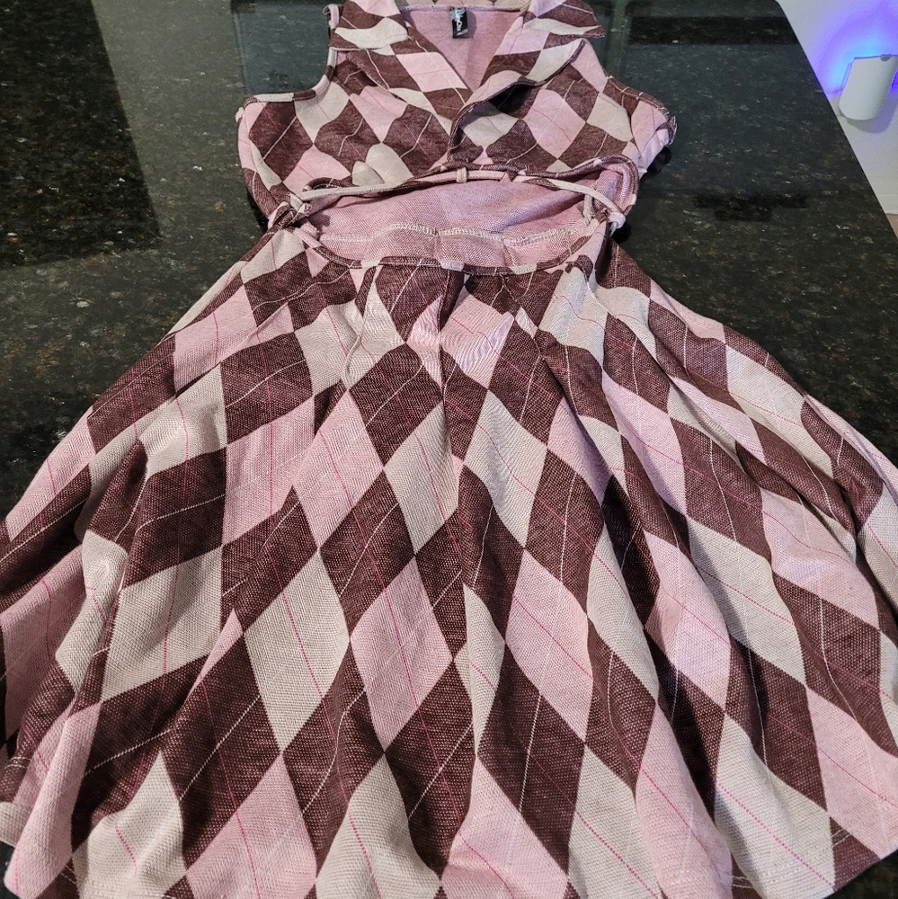 Pink and Brown Fit and Flare Mini Dress with Cowl Neck